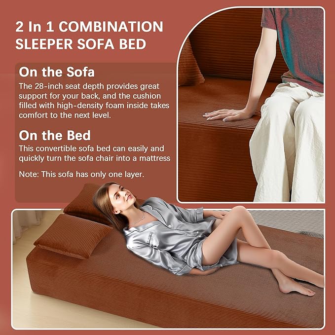 83" Modern Sofa in a Box, No Assembly Oversized 3 Seater 28" Deep Seat Cloud Sofa Bed Couch with 4 Furry Pillows & Corduroy Fabric, Boneless Couch with Side Storage Pockets for Living Room, Orange