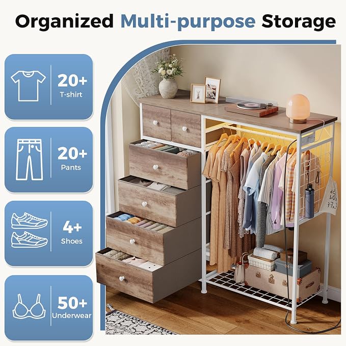 DUMOS Dresser for Bedroom with Hanging Rack, 6 Drawer Fabric Dresser with Charging Station and LED Lights, Closet Organizer & Storage Tower for Living Room, Entryway, Apartment, Oak Greige - Image 5