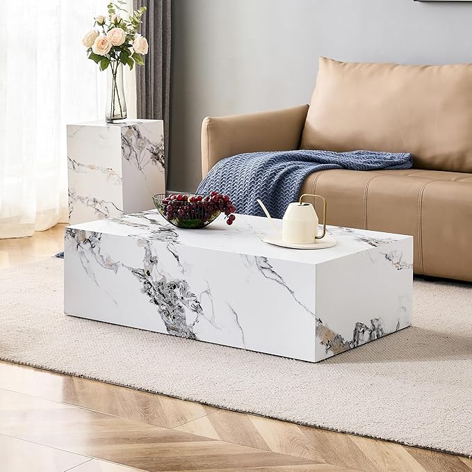 Modern Coffee Table Marble Grain,Rectangle Marble Faux Tea Table White,No Assembly