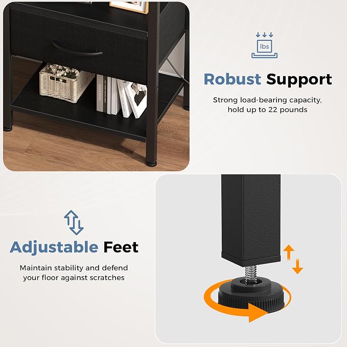 DUMOS Nightstand Set of 2 with Wireless Charging Station Bed Side Tables with Adjustable Fabric Drawers 3-Tier Storage End Tables Modern Design,Black - Image 8
