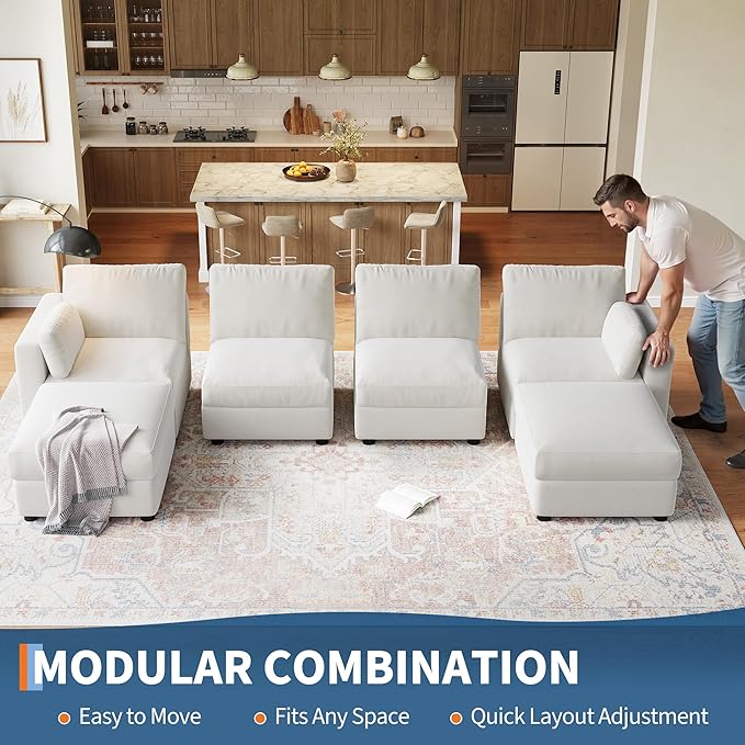 IDEALHOUSE 135.5" Modular Sectional Sofa, 6 Seater Sectional Couch, U-Shape Modern Sofa with Ottoman, Deep Seat, Oversized Convertible Modular Couch for Living Room Apartment Office, Chenille, Beige