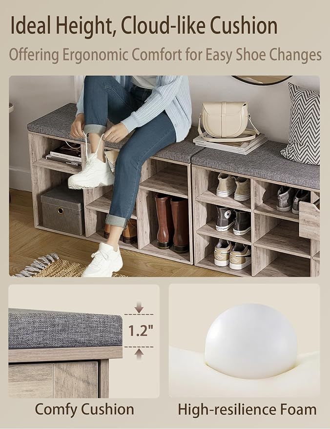 DINZI LVJ Shoe Bench, 9 Cubbies Shoe Organizer for Entryway, Storage Bench with Cushion, Cubby Shoe Rack with Adjustable Shelves for Living Room, Bedroom, Mudroom, Hallway, Greige - Image 5
