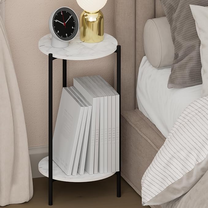 Furinno BESI Night Stand, 2-Tier Tall Round Nightstand with Metal Legs, Metal Frame Narrow End Table with Open Shelf, Side Table, Bedside Table, for Bedroom, Closet, Living Room, Marble White by Furinno-FitsYourSpaceFitsYourBudget