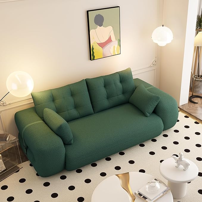 78.7" Convertible Sofa Bed, 3-in-1 Folding Floor Couch with 4 Pillows, Sleeper Sofa for Living Room and Guest Bed, No Assembly Required (Green, Teddy Fabric)