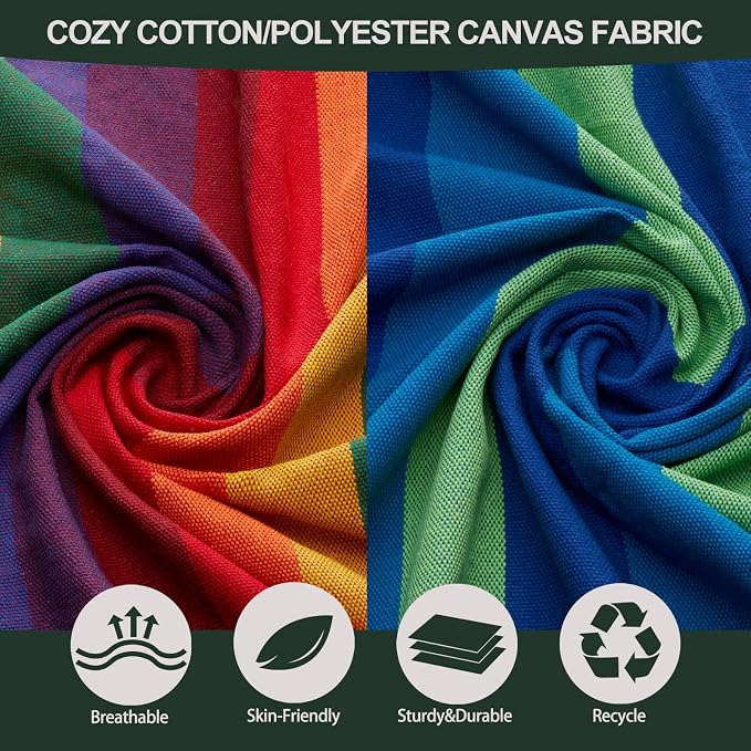 JoyView Brazilian Double Hammock with Hanging Ropes Extra Large 86.6x59” Portable Cotton Hammock for Patio Backyard Porch 450LBS Weight Capacity Perfect for Outdoor/Indoor - Light Green/Yellow Stripe - Image 5