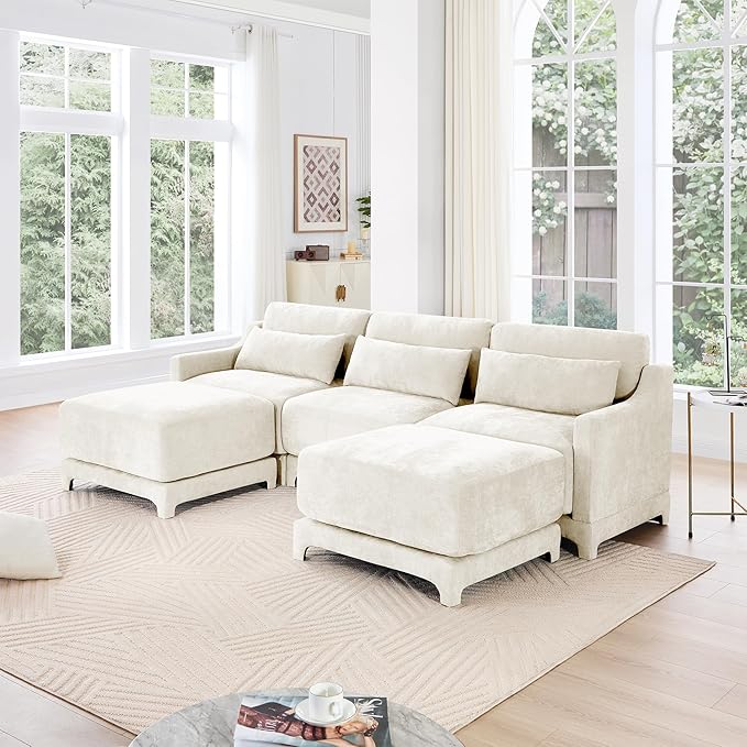 Ball & Cast 105.9” Modular Sectional Sofa, Comfy Cloud Couch with Lumbar Pillows and Ottoman,Deep Seat Chenille U Shaped Modular Sofa, Sectional Couches for Living Room, Bedroom and Apartment, Beige