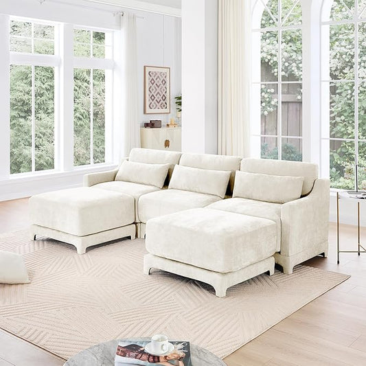 Ball & Cast 105.9” Modular Sectional Sofa, Comfy Cloud Couch with Lumbar Pillows and Ottoman,Deep Seat Chenille U Shaped Modular Sofa, Sectional Couches for Living Room, Bedroom and Apartment, Beige