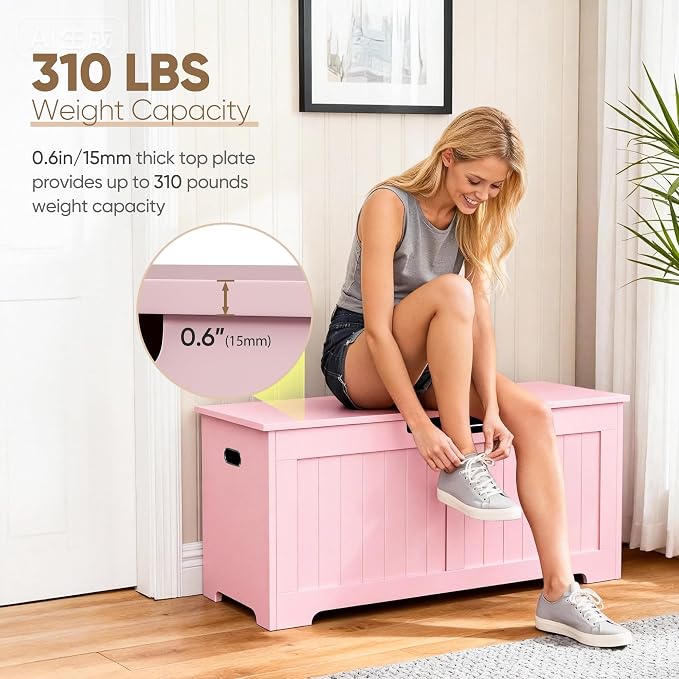 SUPER DEAL Storage Chest, 39 inches Chest Box Organizer with 2 Safety Hinges, Wooden Entryway Shoe Organizer Storage Bench, Pink - Image 5