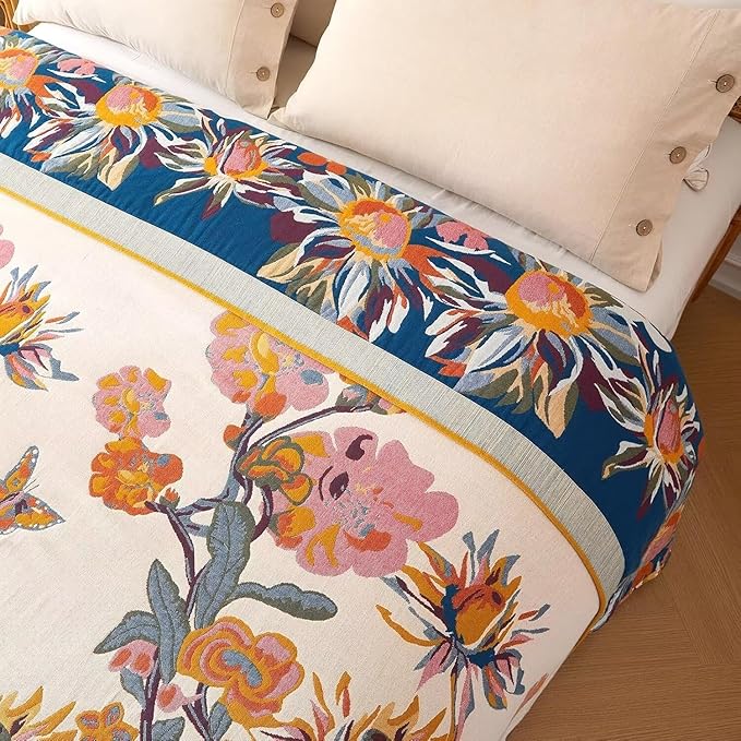 Boho Throw Blanket - 100% Cotton Soft Throw Blanket for Bed, 90"x90" Reversible Breathable Lightweight Spring Blankets, All Seasons Farmhouse Decor Floral Plant Butterfly Throw Quilt
