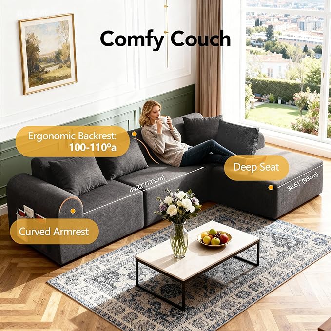 105.5” Cloud Modular Sectional Sofa, No Assembly Deep Seat L-Shaped Chenille Couch with Ottoman & 4 Pillows, 4-Seater for Living Room, Grey