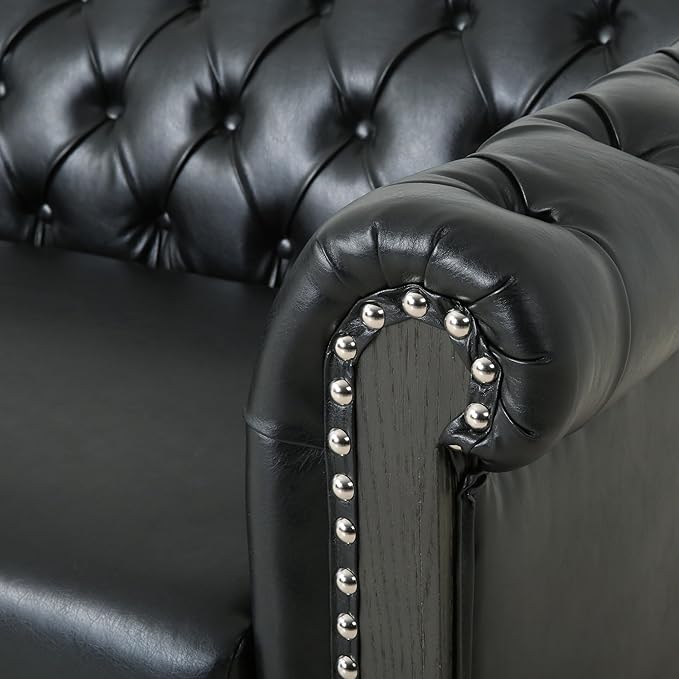 Merax PU Chesterfield Sofa, Retro Upholstered 3 Seater Leather Couch Rolled Arm for Living Room Bedroom Office, Black