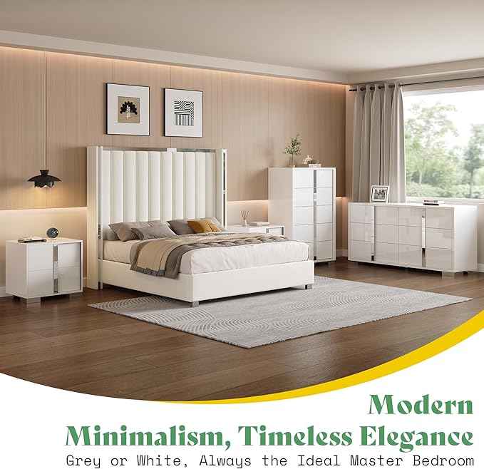 AMERLIFE 4 Piece Bedroom Dresser Set, Modern High Gloss UV Finish, 2 Nightstands, Chest of 5 Drawers & 6 Drawer Dresser, Electroplated Metal Handles, Bedroom Furniture Set, White