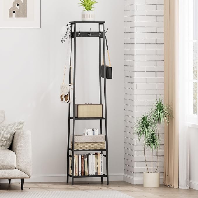 Coat Rack Freestanding, Coat Stand with 3 Shelves and 7 Hooks, Hall Tree Free Standing, Clothes Rack Stand Organizer for Bedroom, Hallway, Entryway, Living Room, Industrial Style, Black - Image 6