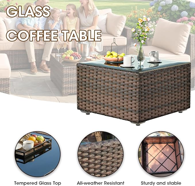 Grezone Patio Furniture Set 7 Piece Outdoor Wicker Sectional Sofa - All Weather High Backrest PE Rattan Couch Conversation Set with Cushion & Glass Top Table for Backyard Deck Porch, (Grey)
