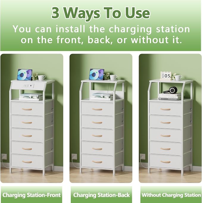 Furnulem 5 Drawers Dresser with Charging Station, Tall Night Stand with Open Shelf, Storage Tower with PVC & Fabric Drawer, Bedside Table for Bedroom, Closet, Entryway, 3 Ways to Use, White - Image 6