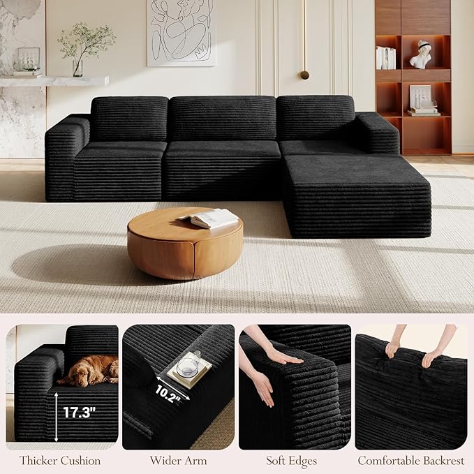 Vesgantti 119" L-Shaped Modular Sectional Sofa, Corduroy Cloud Couch with Deep Seating & Spring Support, Flexible Layout Sofa with Ottoman, Boneless Style, No Assembly Required, Black