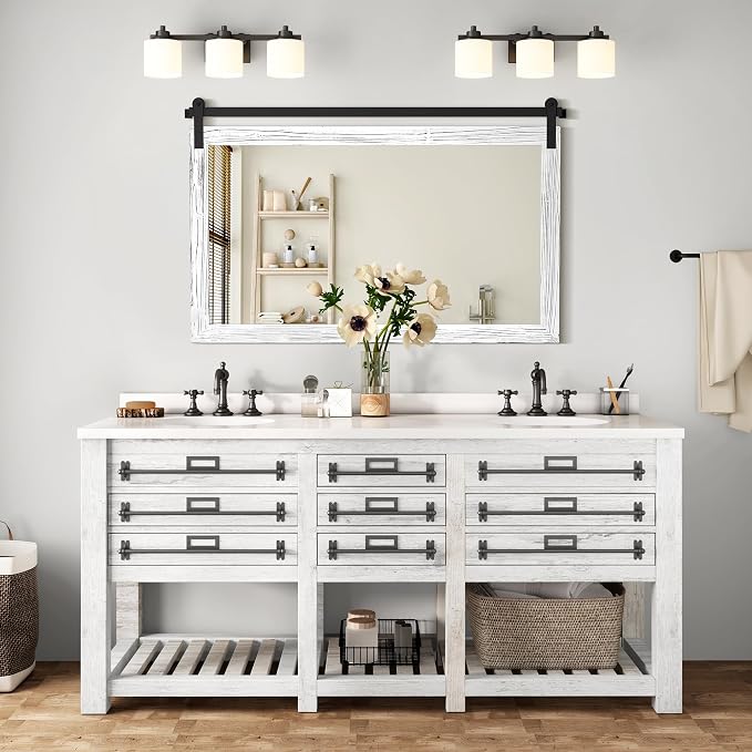 COGOOD Farmhouse Bathroom Mirror - 49 x 30 Rustic Wood Framed Wall Barn Door Mirror for Entryway, Living Room, Entryway Wall Decor (White) - Image 2