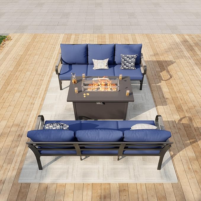 3 Pieces Modern Patio Furniture Set, All Weather Metal Outdoor Conversation Sets with Fire Pit Table for Backyard Garden Deck Porch Poolside, Blue