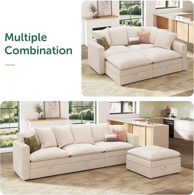 HONBAY Modular Sectional Sofa, 105.5 Inch Corduroy Sectional Couch, 4 Seaters L Shaped Sofa with Storage & Pillows for Living Room, Beige