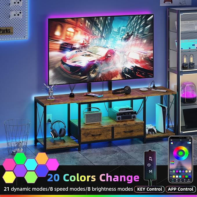GYIIYUO LED TV Stand with Mount and Power Outlet & Fabric Drawers for 32-85 Inches TV - Entertainment Center and Corner Tv Stand for Living Room, Bedroom- 47" Rustic Brown (Max VESA 600mm × 400mm | with Mount, Power Outlet, Fabric Drawers, 32-85 Inches TV - Image 3