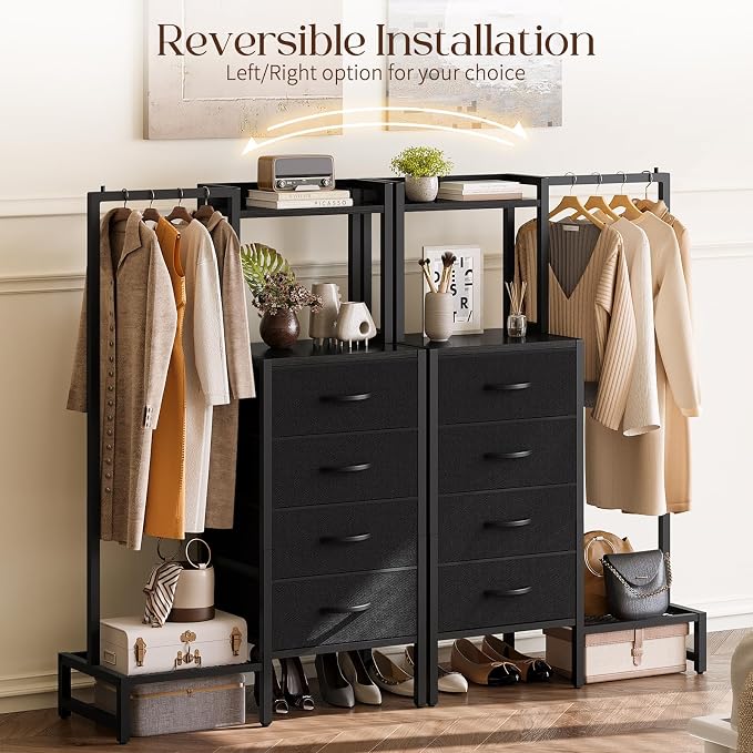 Yoobure Black Dresser with Hanging Rack - Small Closet with 4 Fabric Storage Drawers, 44" H Dresser with Clothes Rack, Chest of Drawer, Kids Dressers for Bedroom, Entryway, Living Room, Sturdy Frame - Image 5