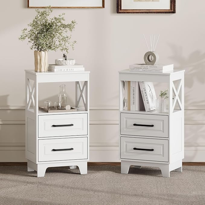 Tall Nightstand Set of 2 Side Table with 2 Drawers Modern Night Stand Wooden End Table Bedside Table with Upper Open Shelf Solid Feet for Bedroom, White - Image 8