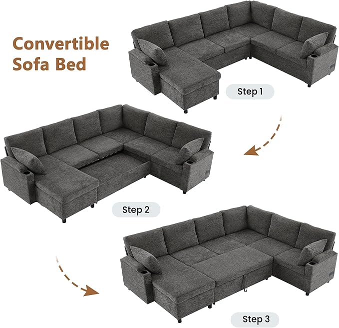 ERYE U Shaped Pull Out Sleeper Sectional Sofa Bed Modern Corner Convertible Sleeper Couch with Left Facing Storage Chaise, Cupholders, Charging Ports and Armrests Storage