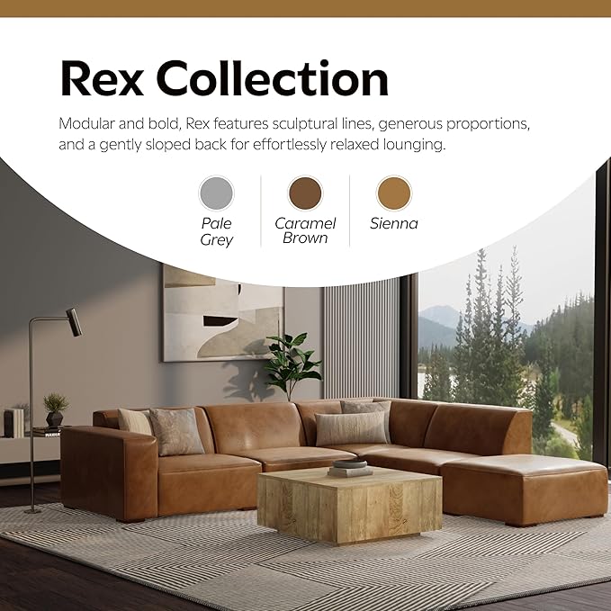 SIMPLIHOME Rex Left-Arm Sofa Module in Full-Grain Genuine Leather, Caramel Brown, 44-inches Wide, Handcrafted Modern-Style Left-Arm Accent Chair for Living Room and Family Room