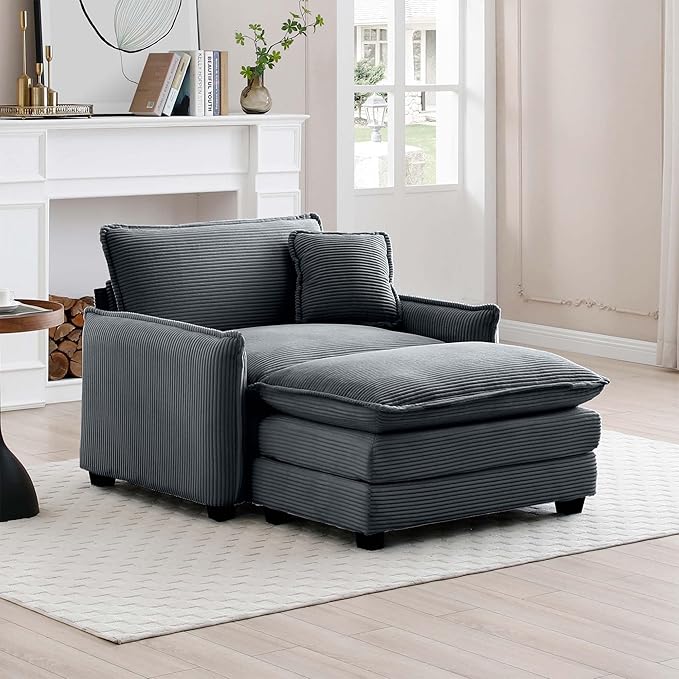 KEIKI 46" Oversized Corduroy Modular Sectional Single Sofa with 1 Ottoman, High-Density Foam Cushions, Removable Armrest, Upholstered 1-Seater Lounge Accent Chair with 1 Pillow, for Living Room, Grey