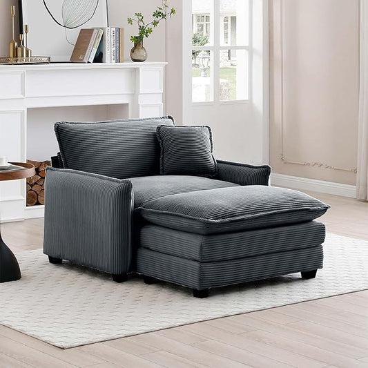 KEIKI 46" Oversized Corduroy Modular Sectional Single Sofa with 1 Ottoman, High-Density Foam Cushions, Removable Armrest, Upholstered 1-Seater Lounge Accent Chair with 1 Pillow, for Living Room, Grey