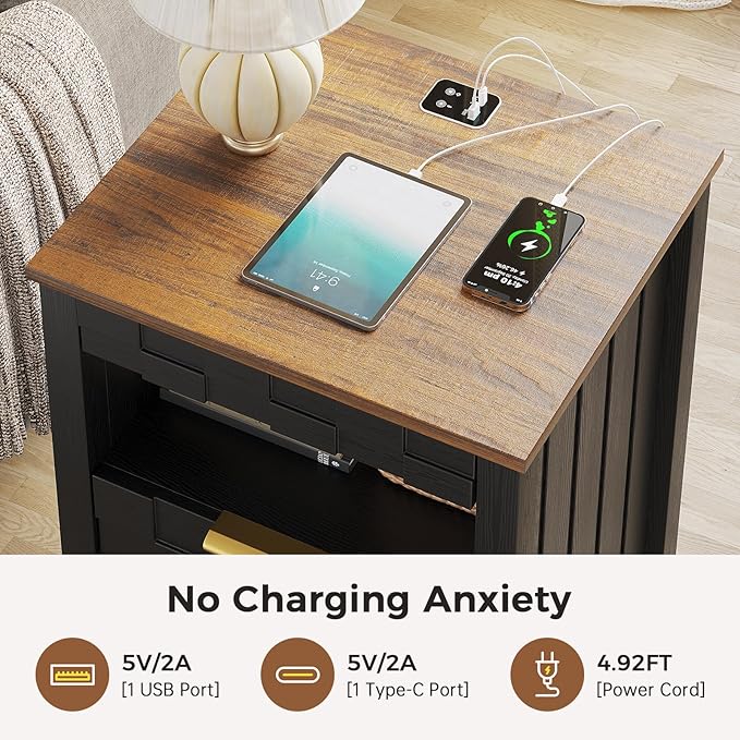 Dystler Night Stand Set of 2 with Charging Station - Bedside Table with Gun Drawer and 2 Drawers, Smart Side Table with 3-Color Human Sensor LED Lights for Bedroom, Black - Image 4