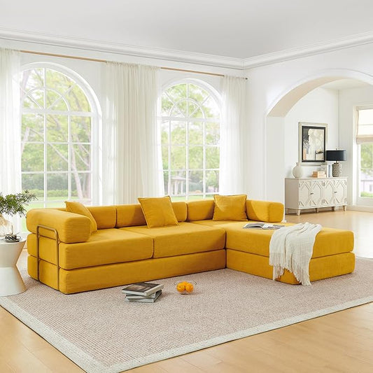 Eafurn L Shaped Convertible Sleeper Sofa Bed King Size Sleeper Sofabed, 7-in-1 DIY Combination Corduroy Folding Mattress Couch with Fixed-Shape Frame, Boneless Floor Sofa Couch