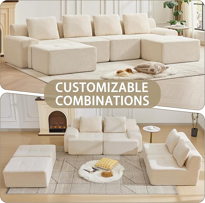 Modular Sectional Sofa with Movable Ottoman, 4 Seat Deep Seat Couch with 4 Pillows, Comfy Cloud Sectional Sofa for Living Room, Bedroom and Apartment (White, 1 Left+1 Right+2 Middle+2 Ottoman)