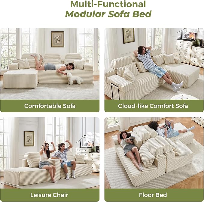 104" L-Shaped Cloud Modular Sectional Sofa with Chaise & Headrest, Boneless Deep Seat Plush Corduroy Couches for Large Living Room, No Assembly Required (White, 104" L-shapred Chaise)