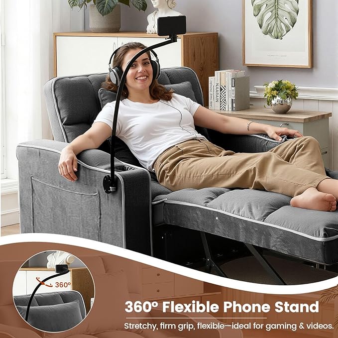 Sleeper Chair, Convertible Pull Out Chair Sleeper with Bracket and Cup Holder, Chairs Bed Sleepers for Adults, 3 in 1 Sofa Bed Chairs for Small Spaces, Living Room, Gray