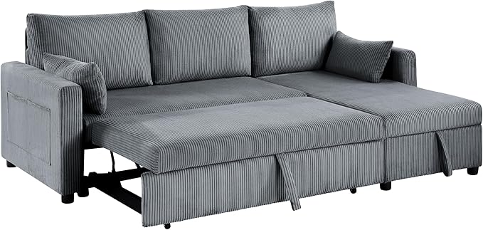 Queen Sleeper Sofa, Convertible Sofa Bed with Storage, 85 Inch Sectional Couch with Pull Out Bed, L Shaped 3 Seat Sectional Sleeper Sofa for Living Room, Apartment, Grey