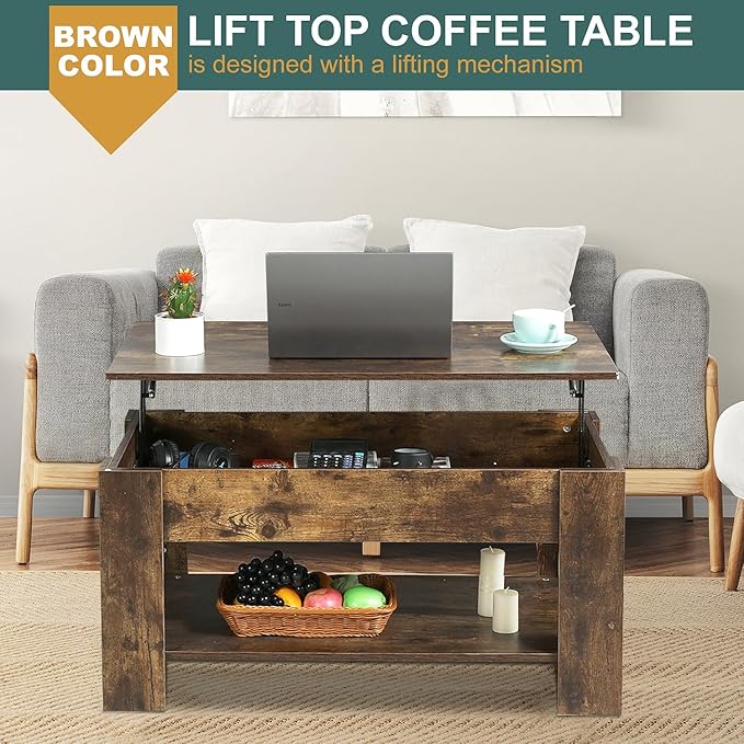 PayLessHere Coffee Table Lift Top Coffee Tables with Hidden Compartment and Storage Shelf Wooden Lift Tabletop Dining Table for Living Room Home (Brown, 39" D x 28" W x 24" H)