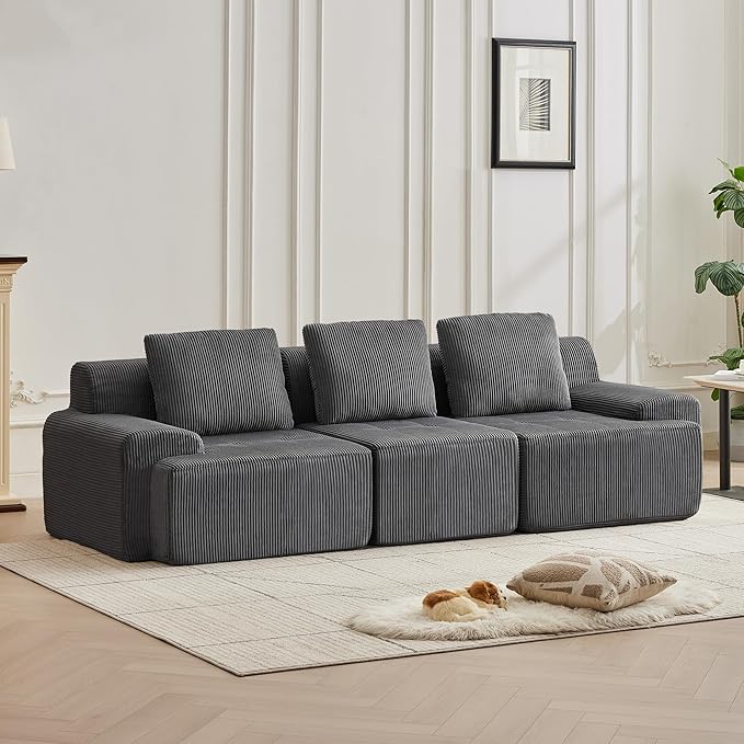 Modular Sectional Sofa with Movable Ottoman, 3 Seat Deep Seat Couch with 3 Pillows, Comfy Cloud Sectional Sofa for Living Room, Bedroom and Apartment (Grey, 1 Left+1 Right+1 Middle)