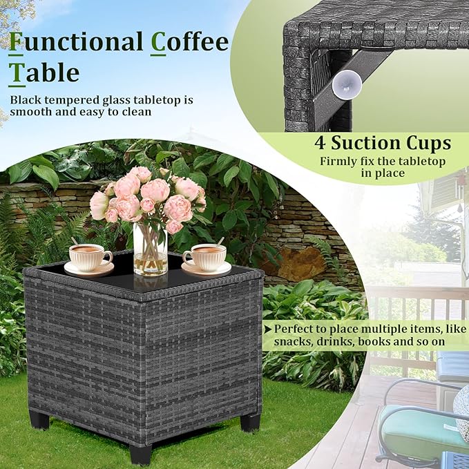 RELAX4LIFE Wicker Patio Furniture Sets - 3 Pieces Patio Rattan Sofa Set, Outdoor Conversation Set with Tempered Glass Tabletop, Heavy-Duty Steel Frame, Wicker Chair Set for Poolside, Backyard, Navy