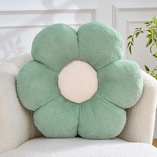 Kcvvcr Flower Pillow Cute Decorative Throw Pillow with Faux Rabbit Fur Soft Daisy Plush Floor Cushion Aesthetic Flower Shaped Pillow Home Decor for Bed Sofa Couch (Sage Green17.7 Inch)