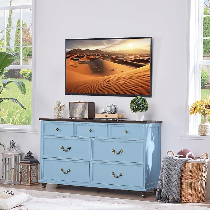 Joaxswe Farmhouse 7 Drawers Dresser for Bedroom, Light Blue 54 Inch Wide Chest of Drawers w/ 4 Wooden Legs, Large Vintage Rustic Closet Dressers for Living Room, Wood TV Stand with Storage Organizer - Image 9
