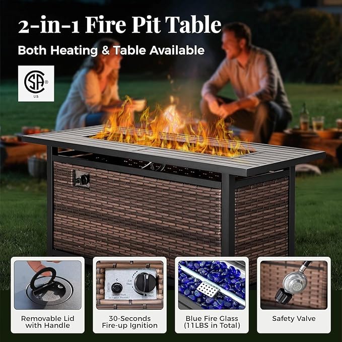 8-Piece Wicker Patio Furniture Set with Swivel Chairs, High Back Outdoor Furniture with Fire 57'' Pit Table and Ottoman, All-Weather Wicker Patio Conversation Set for Deck Yard Pool, Beige