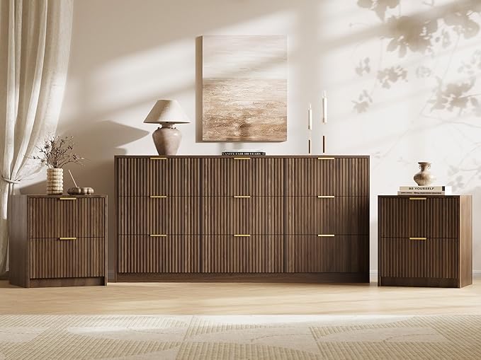 MAISONARIA 3-Piece Dresser Bedroom Set, 6 Drawer Dresser & 2 Drawer Nightstands with Gold Handles, Fluted Wood Chest of Drawers for Bedroom, Living Room, Entryway, Walnut