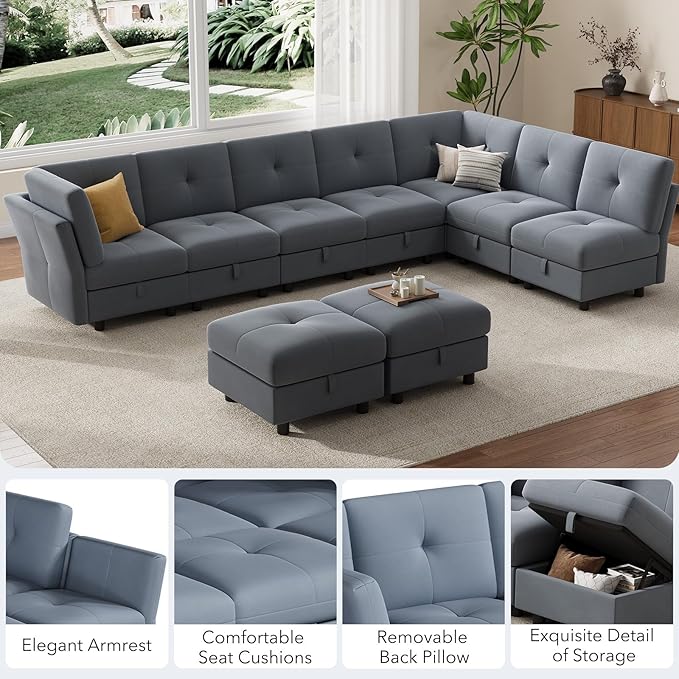 IDEALHOUSE Modular Sectional Sofa, 9 Seat with Storage & Convertible Ottomans, U-Shaped Velvet Couch High Support Design, Modern Living Room Sofa Bed, Blue