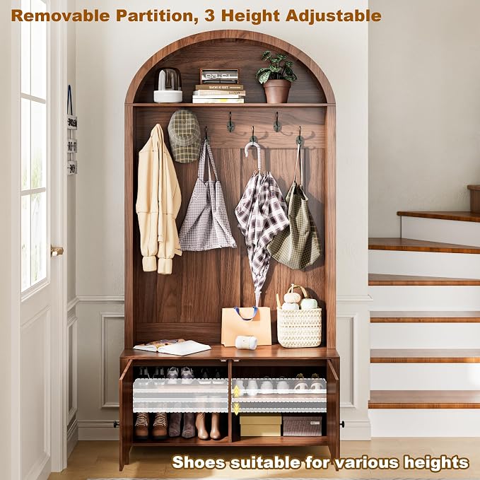 Hall Tree with Bench and Shoe Storage, Entryway Storage Bench with Coat Rack, 78.74" Coat Rack with 7 Hooks and Adjustable Shelves, Farmhouse Style Furniture Organizer for Hallway (Walnut, 78.74"H) - Image 6