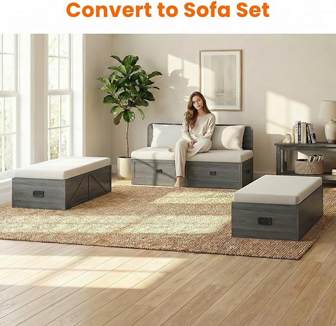 CECER Murphy Bed Queen with Mattress Include，Queen Size Murphy Bed with Storage Drawers，Multi-Functional Desgin that Converts to Sofa Set for Small Spaces/Guest Room/Bedroom（Grey）