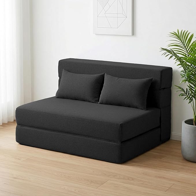 Folding Sofa Bed with Pillows- Convertible Chair Floor Couch & Sleeping Mattress, Foldable Memory Foam Sleeper for Living Room/Dorm/Guest Room/Home Office/Apartment/Loft, Twin, Dark Gray