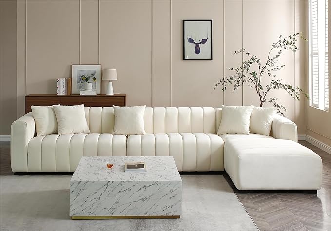 KEIKI 139" L-Shape Velvet Modular Sectional Sofa with Right Chaise Lounge, Modern Style Upholstered Oversized Reversible 3-Seater Channel Tufted Couch, Easy Assembly, for Apartment, Living Room, Beige