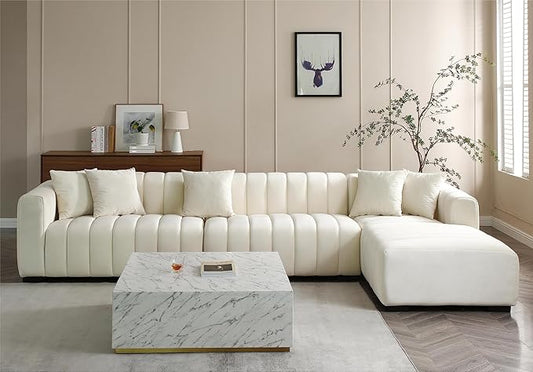 KEIKI 139" L-Shape Velvet Modular Sectional Sofa with Right Chaise Lounge, Modern Style Upholstered Oversized Reversible 3-Seater Channel Tufted Couch, Easy Assembly, for Apartment, Living Room, Beige
