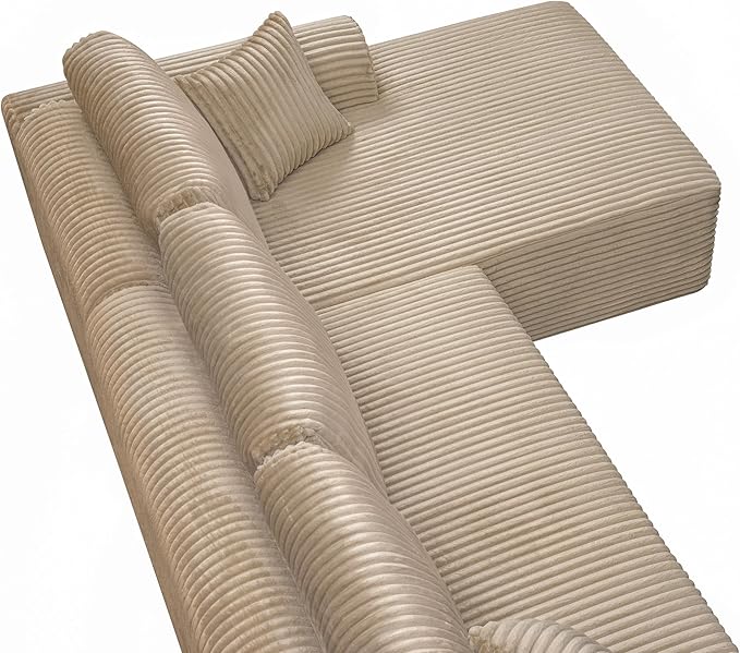 109-Inch L-Shaped Right Facing Boneless Corner Sofa 2 PCS Modular Sectional Cloud Sofa Couch with Chaise Lounge and Toss Pillow, Corduroy Boneless L-Shaped Couches